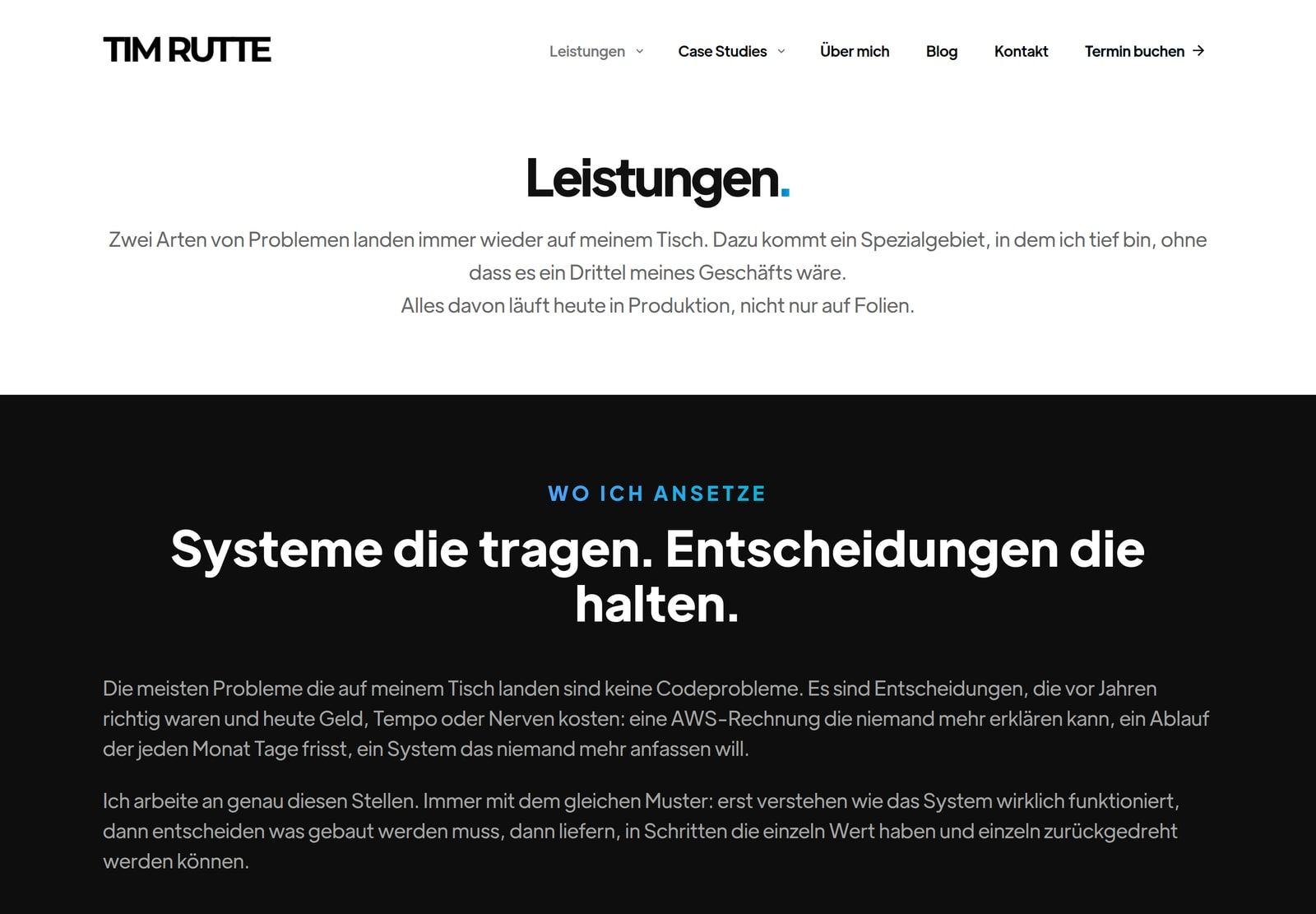 Leistungsseite von timrutte.de mit der Einleitung „Zwei Arten von Problemen landen immer wieder auf meinem Tisch"